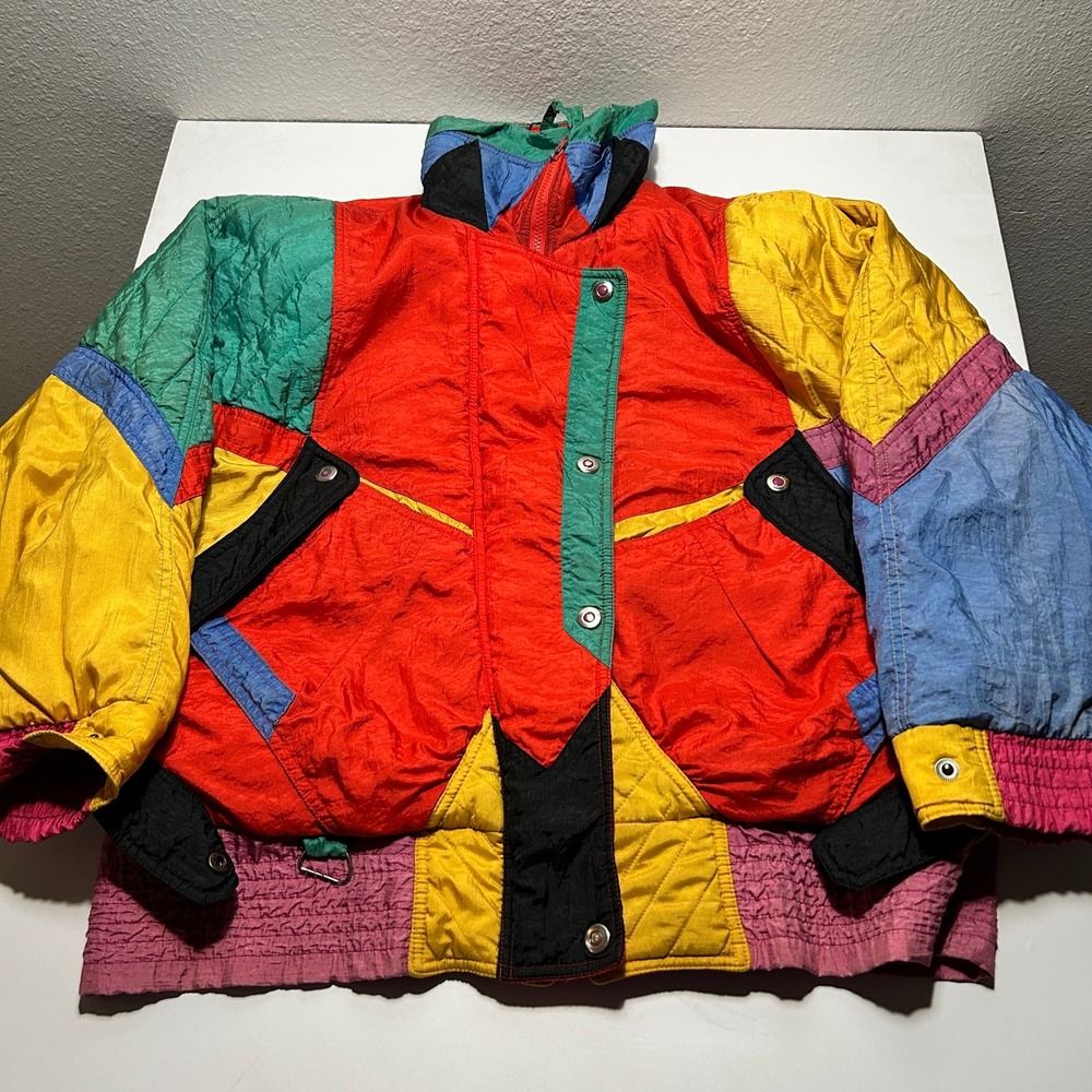 Vintage 80s Colorblock Puffer Jacket Retro Ski Bomber Multi-Color Small